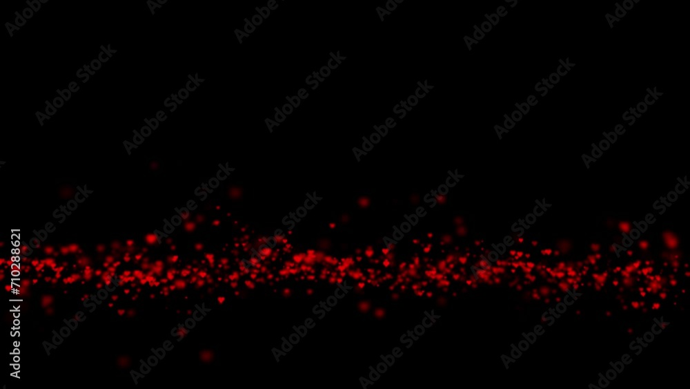 Poster seamless loop small red heart particles slow motion on black background.
