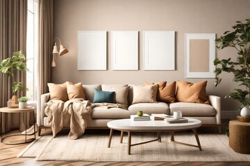 A cozy living room with a warm color palette. It features a comfortable beige couch, a blank white empty frame mockup on the wall, and pops of color from decorative pillows.