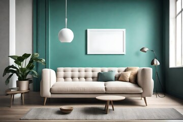 A minimalist haven with a chic sofa, a blank white frame mockup against a solid color wall, and a burst of bright color, illuminated by the sleek brilliance of a pendant light.
