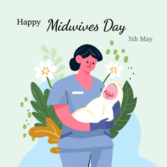 Banner with text International midwives day. A smiling female doctor holds a newborn baby in her arms. Vector illustration in cartoon style.