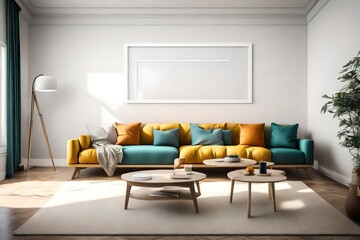 A snapshot of a minimalist living room, adorned with a sofa, a blank white frame on the wall, and a pop of vibrant colors, all beautifully lit by a contemporary pendant light.