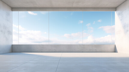 empty concrete floor and gray wall with blue sky view. 3d rendering