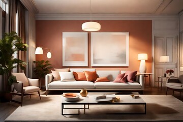 A glimpse into contemporary elegance a?" a living space with a sofa, a blank white frame, and lively colors, all harmonized under the gentle glow of a sophisticated pendant.