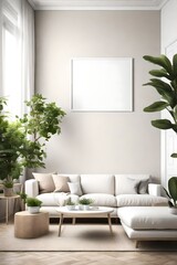 A serene living room with a neutral color palette, a simple white sectional sofa, and a blank white empty frame mockup on the wall. The room is decorated with colorful indoor plants.