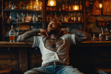Professional male tattoo master relax in the bar. Ai generative - obrazy, fototapety, plakaty