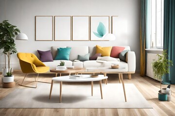 A minimalist living room capturing the essence of simplicity with basic furniture, a blank white empty frame mockup, and a cheerful interplay of lively colors.