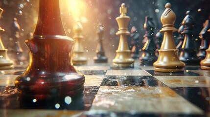 Illustrating the essence of business strategy, this background concept features a chessboard layout with copy space.
 - obrazy, fototapety, plakaty