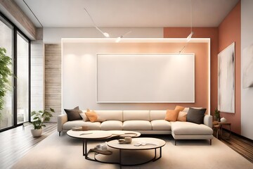 An elegantly minimalistic living space adorned with a sleek sofa, a white frame mockup on a solid color wall, and a splash of lively color, softly illuminated by a contemporary pendant light.