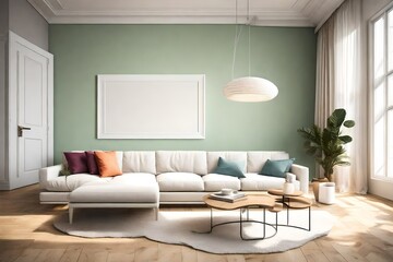 A breathtakingly simple living room, showcasing a solitary sofa, an empty white frame mockup on a clear solid color wall, and a vivid color element, all gracefully lit by a modern pendant light.