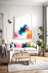A burst of color in a bright living room with uncomplicated furniture, featuring a blank white empty frame mockup as the canvas for artistic possibilities.