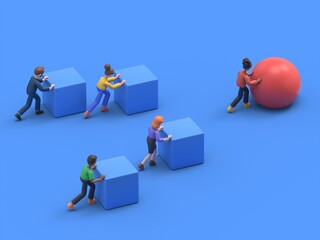 Isometric Business people pushing cubes. Winner easily moving the cube. Winning strategy, efficiency, innovation in business concept.3D rendering on blue background.
