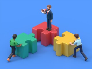 Isometric people connecting puzzle elements. Business teamwork, cooperation, partnership. Team work, team building, corporate organization. Puzzle teamwork.
