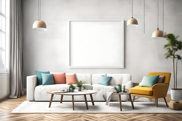 A modern living space featuring simple yet stylish furniture, a blank white empty frame mockup on the wall, and a harmonious interplay of bright colors.