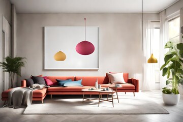 Tranquil minimalism with a pop of color in a living room, showcasing a sofa, an empty white frame, and vibrant hues, softly lit by a sleek pendant.