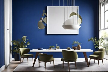 A modern marvel featuring a blank white frame against a muted cobalt wall, complemented by a subtle olive chair, and softly lit by a sleek pendant light.