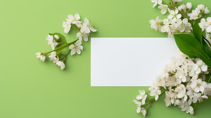 Blank greeting card mockup on green background with white spring and summer flowers and decoration.