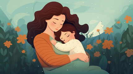 A mother and her baby are hugging each other. Flat Illustration. Children's Book.