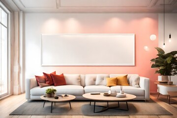 A strikingly beautiful minimalist lounge area with a chic sofa, a blank white frame mockup on a solid color wall, and a touch of vibrant color, bathed in the gentle radiance of a sleek pendant light.