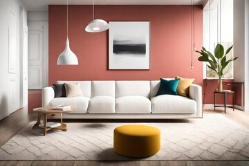 A minimalist haven with a chic sofa, a white frame mockup on a solid color wall, and a burst of bright color, illuminated by the sleek brilliance of a pendant light.
