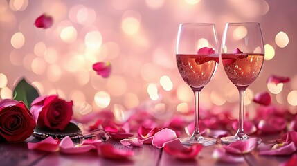 Romantic concept. Two glasses of vine with pink rose petals with bokeh background. Valentine's day banner. Celebration with wine and red rose