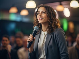 Confident Question: Seminar Attendee with Microphone,Engaged Seminar Participant