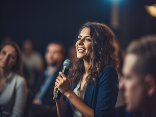 Confident Question: Seminar Attendee with Microphone,Engaged Seminar Participant