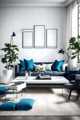 A modern living room with a sleek black coffee table, a blank white empty frame mockup on the wall, and pops of color from vibrant blue accent pillows.