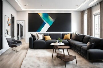 Naklejka na ściany i meble A modern living room with a sleek black sectional sofa, a blank white empty frame mockup on the wall, and pops of color from vibrant artwork. The room is illuminated by recessed lighting.