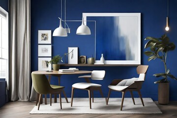 A modern marvel featuring a blank white frame against a muted cobalt wall, complemented by a subtle olive chair, and softly lit by a sleek pendant light.