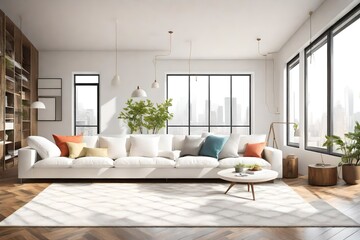 A bright and airy living room with large windows, a simple white sectional sofa, and a blank white empty frame mockup on the wall. The room is decorated with colorful floor pillows.