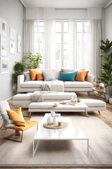 A bright living room with large windows, a simple white coffee table, and a blank white empty frame mockup on the wall. The room is adorned with colorful decorative pillows.