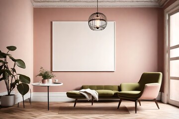 An understated interior with a blank white canvas on a pale rose wall, complemented by a subtle olive chair, and the warm ambiance of a pendant light.