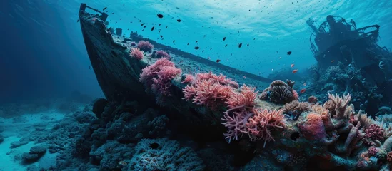 Zelfklevend Fotobehang Coral-covered sunken ship. © AkuAku