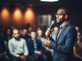 Confident Question: Seminar Attendee with Microphone,Engaged Seminar Participant
