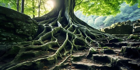 Ancient tree roots in a healthy eco,system , ancient tree roots, healthy eco,system