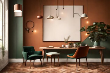 A captivating room design with a blank white canvas on a muted terracotta wall, paired with a singular forest green chair, bathed in the soft radiance of a pendant light.