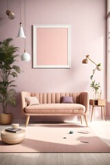 An inviting space featuring simple furniture in a pastel-colored living room, with a vividly hued empty frame mockup waiting to showcase memories.