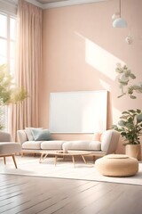 A sun-drenched living room adorned with uncomplicated furniture, showcasing a blank white empty frame mockup against a background of soft, pastel hues.