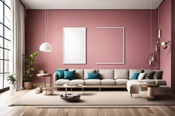 An elegantly minimalistic living space adorned with a single sofa, a blank white frame mockup on a solid color wall, and a vibrant color accent, softly illuminated by a contemporary pendant light.