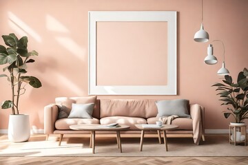 A cozy living room featuring a minimalist design, simple furniture, and a blank white empty frame mockup casting shadows on the pastel-colored walls.