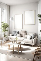 A light-filled living room with basic furnishings and a blank white empty frame mockup, creating a serene atmosphere with a touch of modern simplicity.