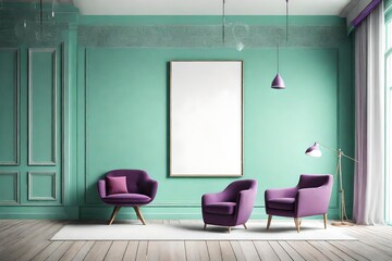 A strikingly simple room design, a blank white empty frame mockup on a clear mint-green wall, adorned with a solitary purple accent chair, lit by a chic pendant light.