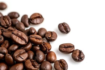 Fototapeta premium Rich roasted coffee beans on white background isolated. Close up view of brown caffeine goodness perfectly capture aroma and flavor in studio setting ideal for enthusiasts and food photography
