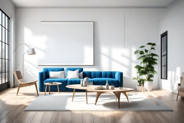 A minimalist living room with a white sofa, a blank white empty frame mockup on the wall, and a vibrant blue accent chair. The room is illuminated by natural light from large windows.