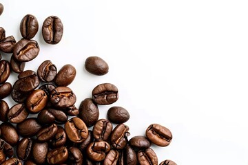 Rich roasted coffee beans on white background isolated. Close up view of brown caffeine goodness perfectly capture aroma and flavor in studio setting ideal for enthusiasts and food photography
