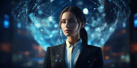 A woman in a suit using a blue digital interface , woman, suit, blue digital interface