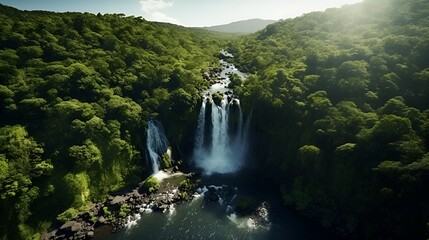 Arial shot of falls in a beautiful green forest , aerial shot, falls, beautiful green forest