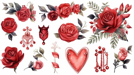 Valentine day watercolor clipart header of hearts and flowers isolated on a white background.  Concept love, relationship. Good for wedding shower, birthday card, template, wallpaper, design element