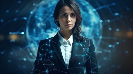 A woman in a suit using a blue digital interface , woman, suit, blue digital interface