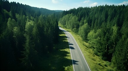 Arial shot of the road into the forest for exploration , aerial shot, road, forest, exploration